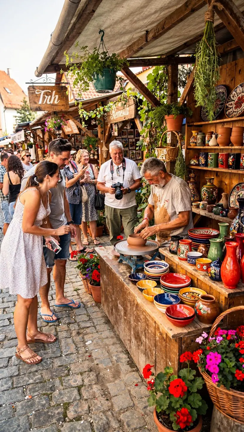 Tourists exploring a charming village with traditional architecture in Slovakia.