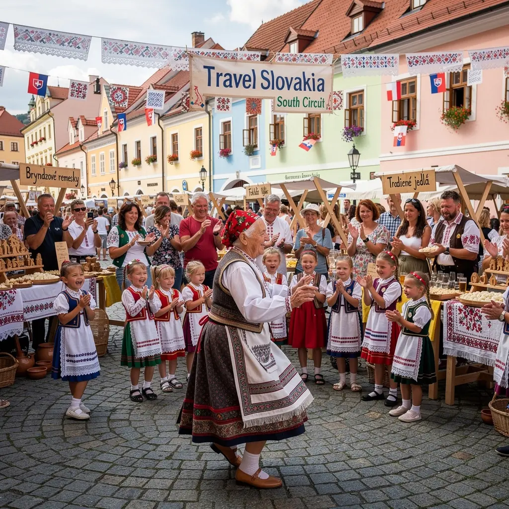 A charming village square in Southern Slovakia, featuring traditional architecture and local markets, inviting travelers to explore.